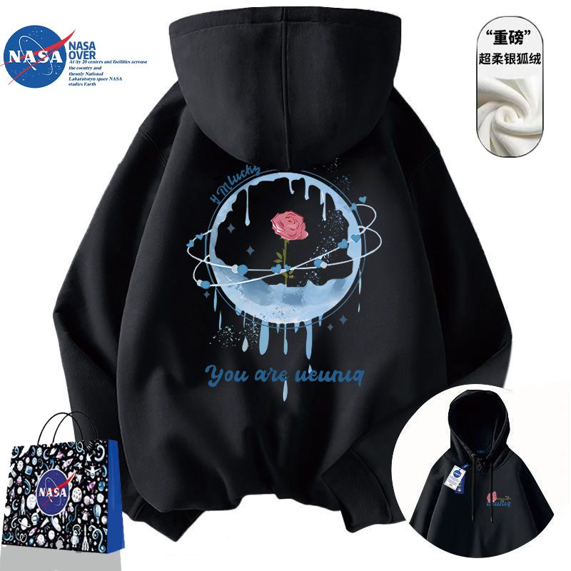 NASA新款加绒加厚高街美式hiphop加绒加厚情侣装连帽卫衣男外套