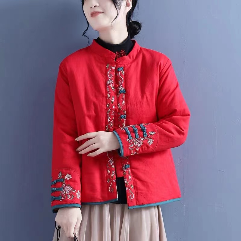 冬季中国风棉麻绣花棉服女盘扣立领对襟棉衣中式厚外套棉服