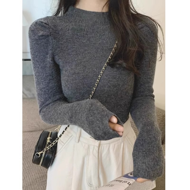 半高领长袖内搭打底针织衫女2025秋冬新款修身显瘦毛衣泡泡袖上衣