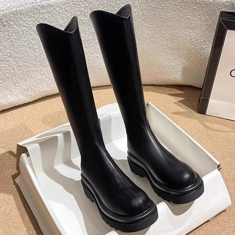 红蜻蜓厚底长筒靴女2023新款春秋V口瘦瘦靴不过膝高筒靴冬季加绒