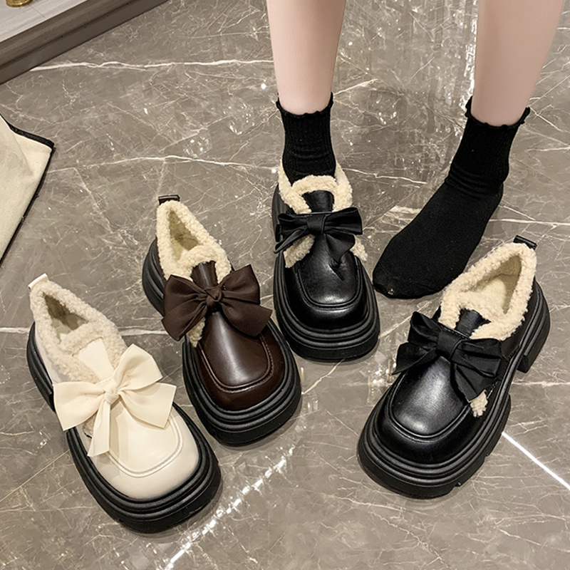 红蜻蜓冬季加绒小皮鞋女英伦风2023新款蝴蝶结厚底保暖棉鞋一脚蹬