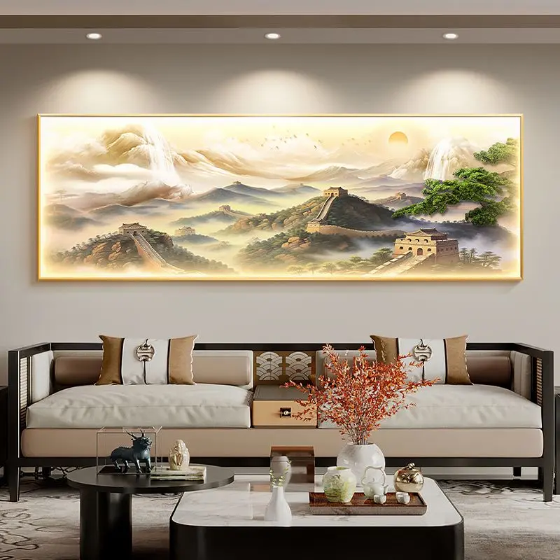新中式万里长城客厅装饰画迎客松茶室背景挂画靠山图办公室壁画灯