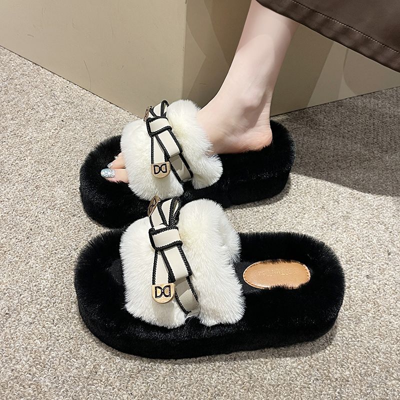 厚底毛毛拖鞋女外穿新款小个子增高秋冬一字拖家居棉拖鞋