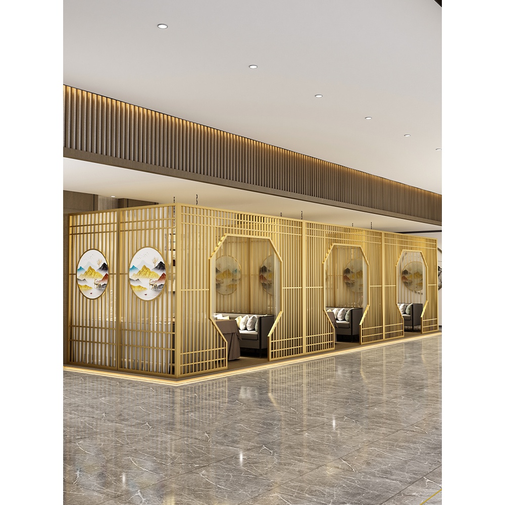 新中式月洞门包间屏风饭店餐厅铁艺包间卡座餐饮烧烤火锅隔断装饰