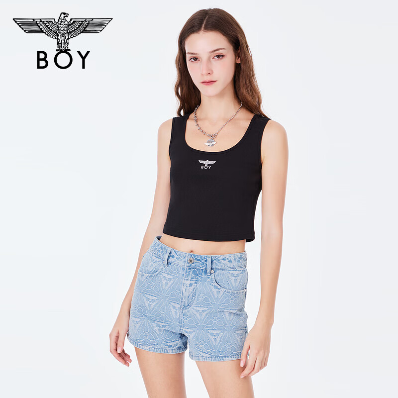 BOYLONDON夏季女士黑色针织背心休闲百搭学生短款修身打底W02001