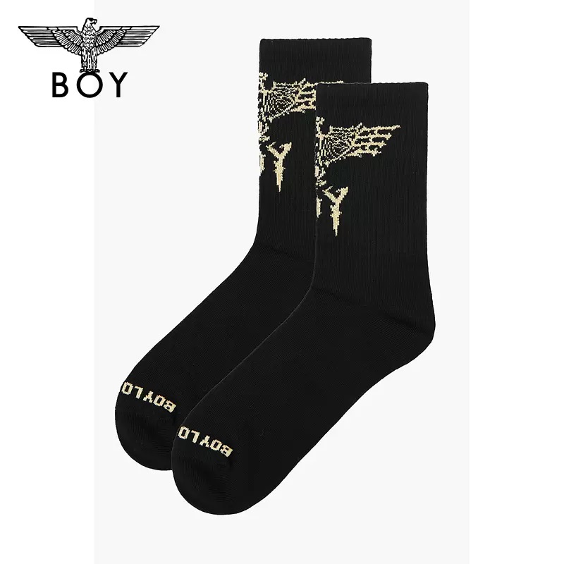 BOYLONDON个性中筒袜情侣同款黑色休闲夏logo提花袜子 N81001
