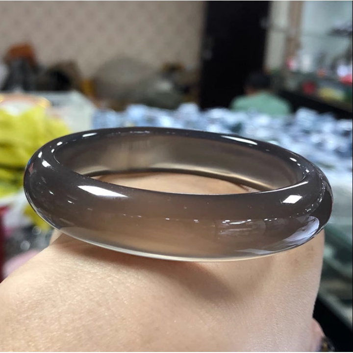 冰透烟灰色保真玉髓手镯女高冰玛瑙玉镯汉服配饰窄条正镯水晶饰品