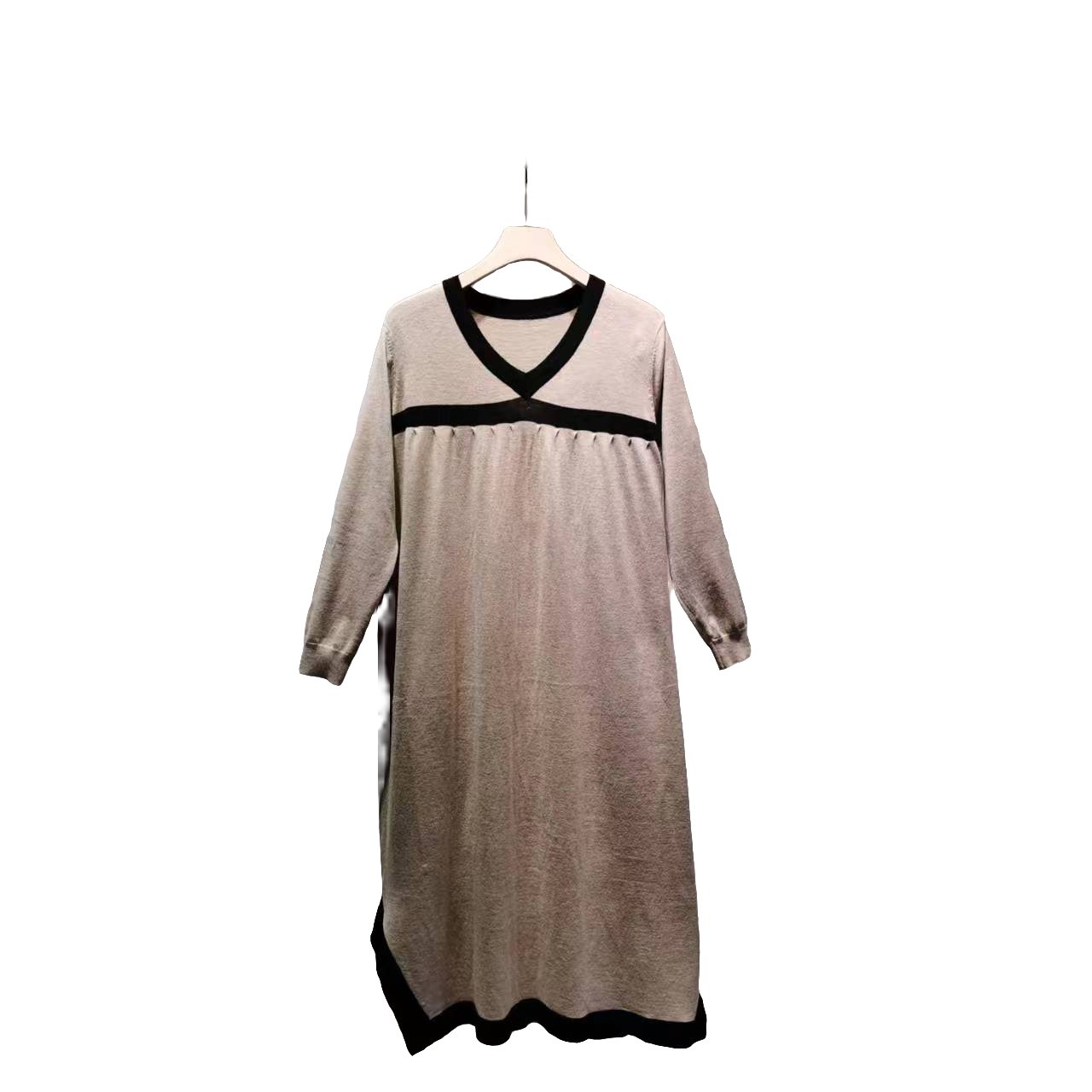 【严姐服饰】秋季新款毛针织衫拼接V领长袖宽松长款百搭58529连衣裙