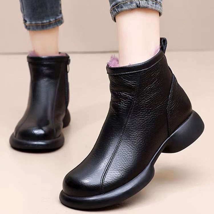 头层牛皮羊毛一体内里软底加绒复古冬季女棉鞋