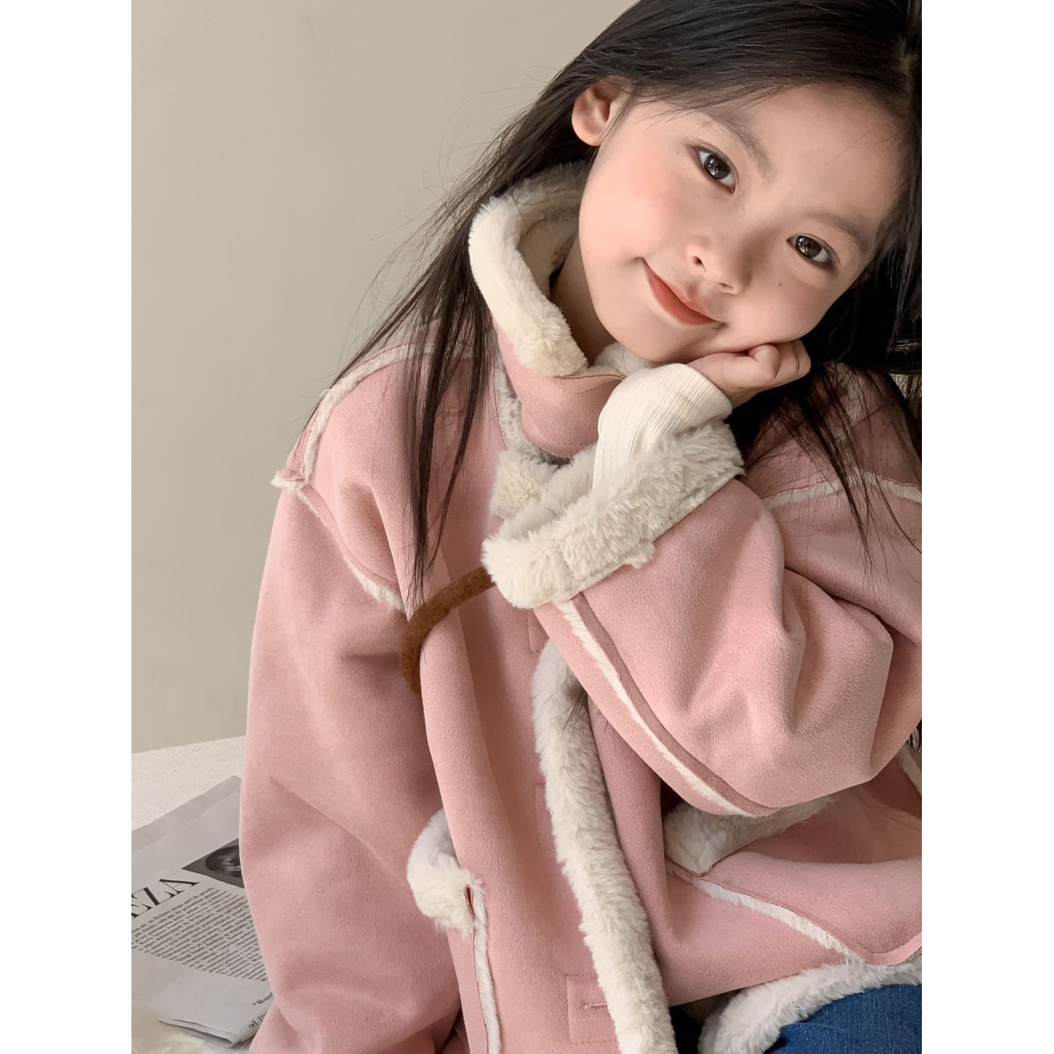 女童外套2023秋冬季新款儿童皮毛一体大衣小女孩洋气立领夹克上衣