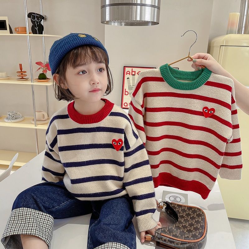 女童毛衣秋冬2023新款小女洋气加绒加厚条纹儿童春秋冬套头针织衫