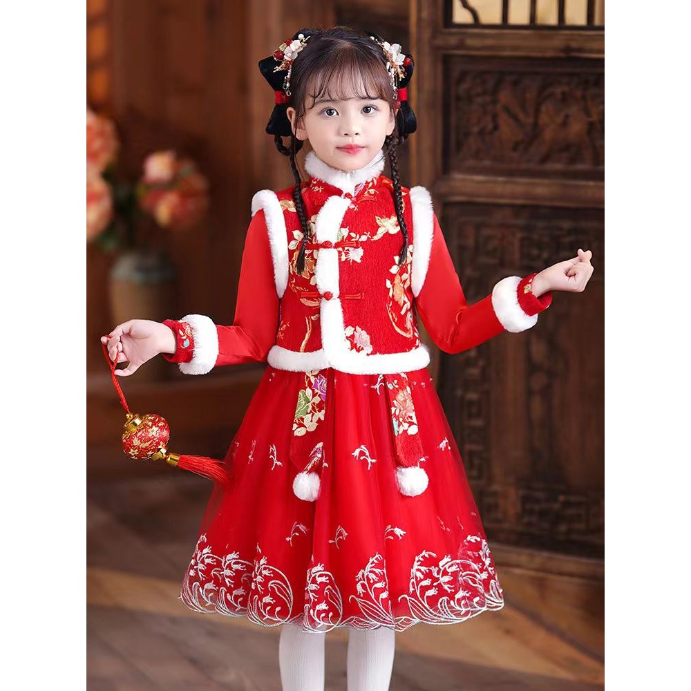 2023年新款女童加厚汉服秋冬中国风唐装古风古装过年拜年服学生