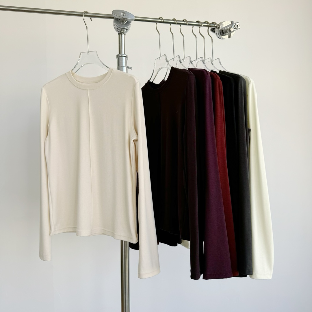 【若若美】X-1887华绒美利奴羊毛前捏折圆领长T打底衫女百搭长袖T恤