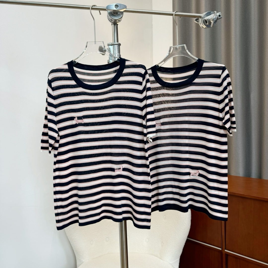 【若若美】M-0650天丝条纹短袖T恤百搭小狗短T凉感减龄休闲针织上衣