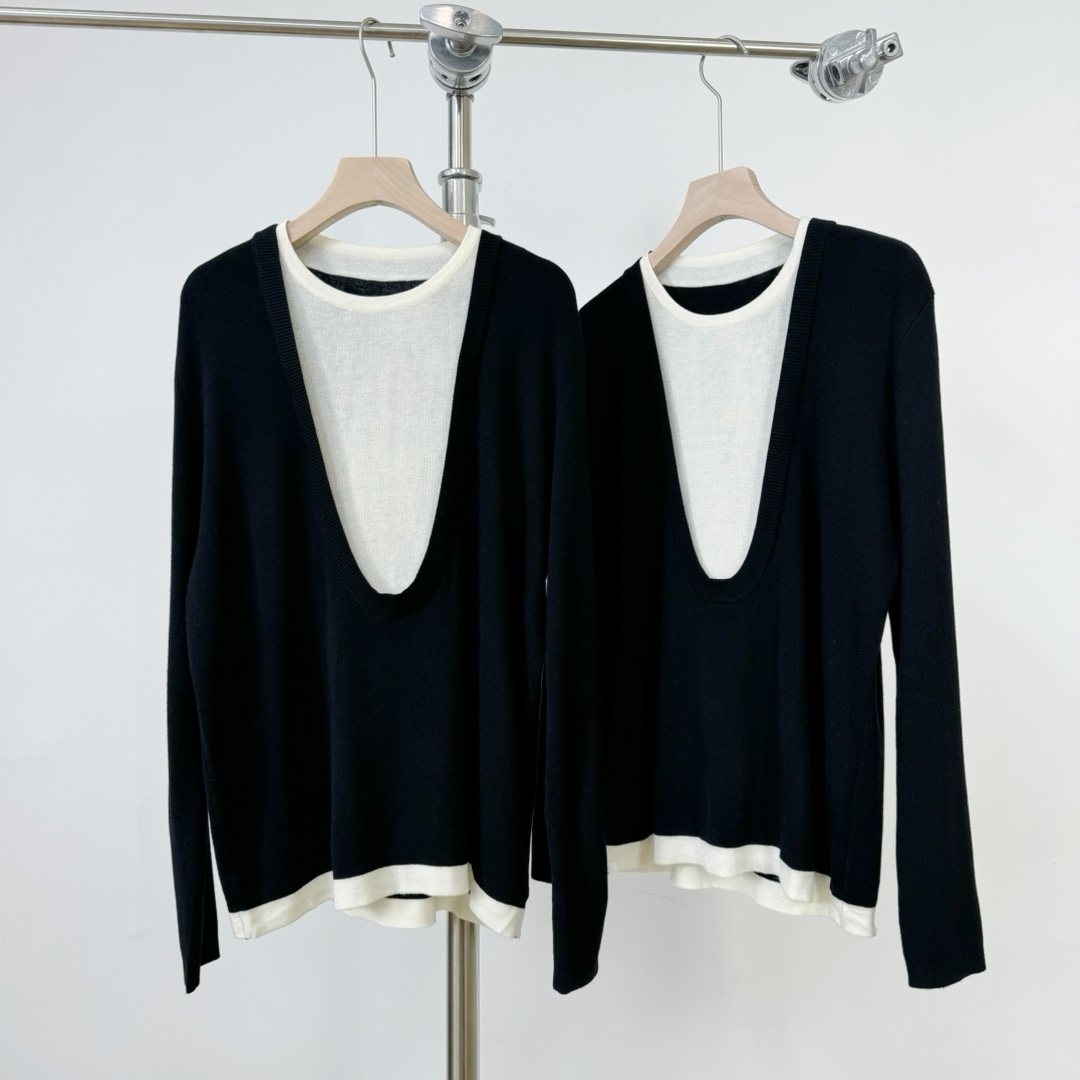 【若若美】N-9155撞色拼接假两件针织衫百搭气质长袖针织打底衫上衣