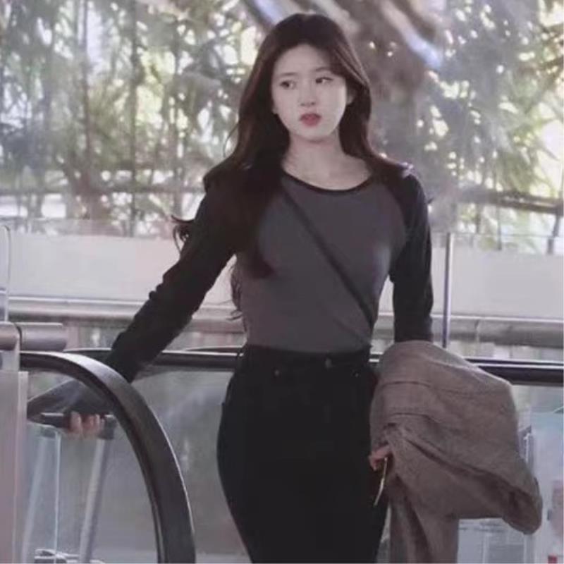 【若若美】X-1224优可丝撞色插肩长袖T恤露思同款女士拼接打底衫