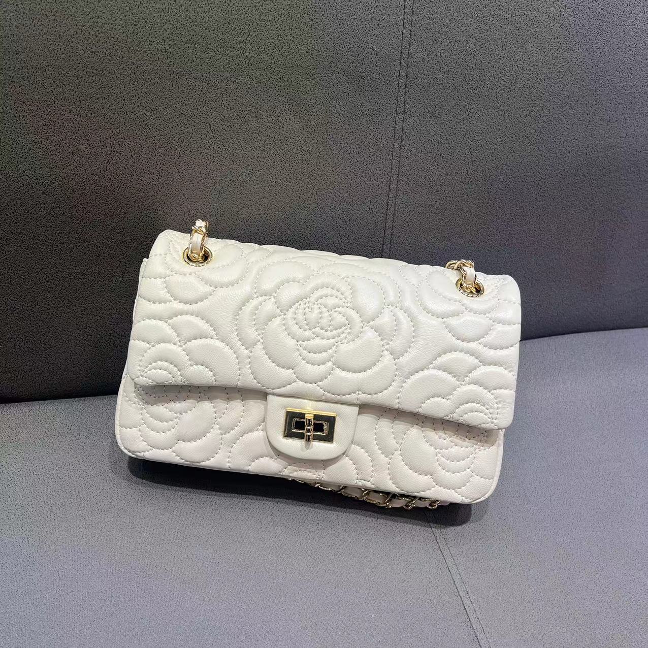 【A035-1112山茶花】羊皮小香风山茶花气质肩包真皮链条包单肩斜