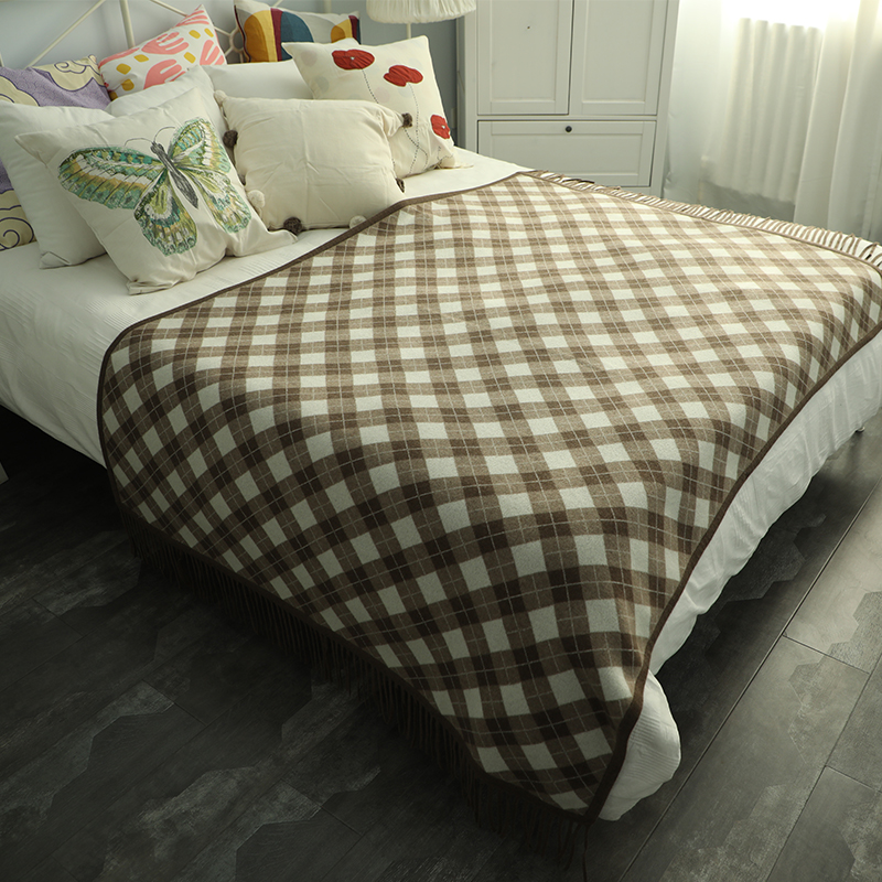 麦毯毯英伦格子纯山羊绒毯床上休闲针织单人穗毯柔软亲肤冬季保暖