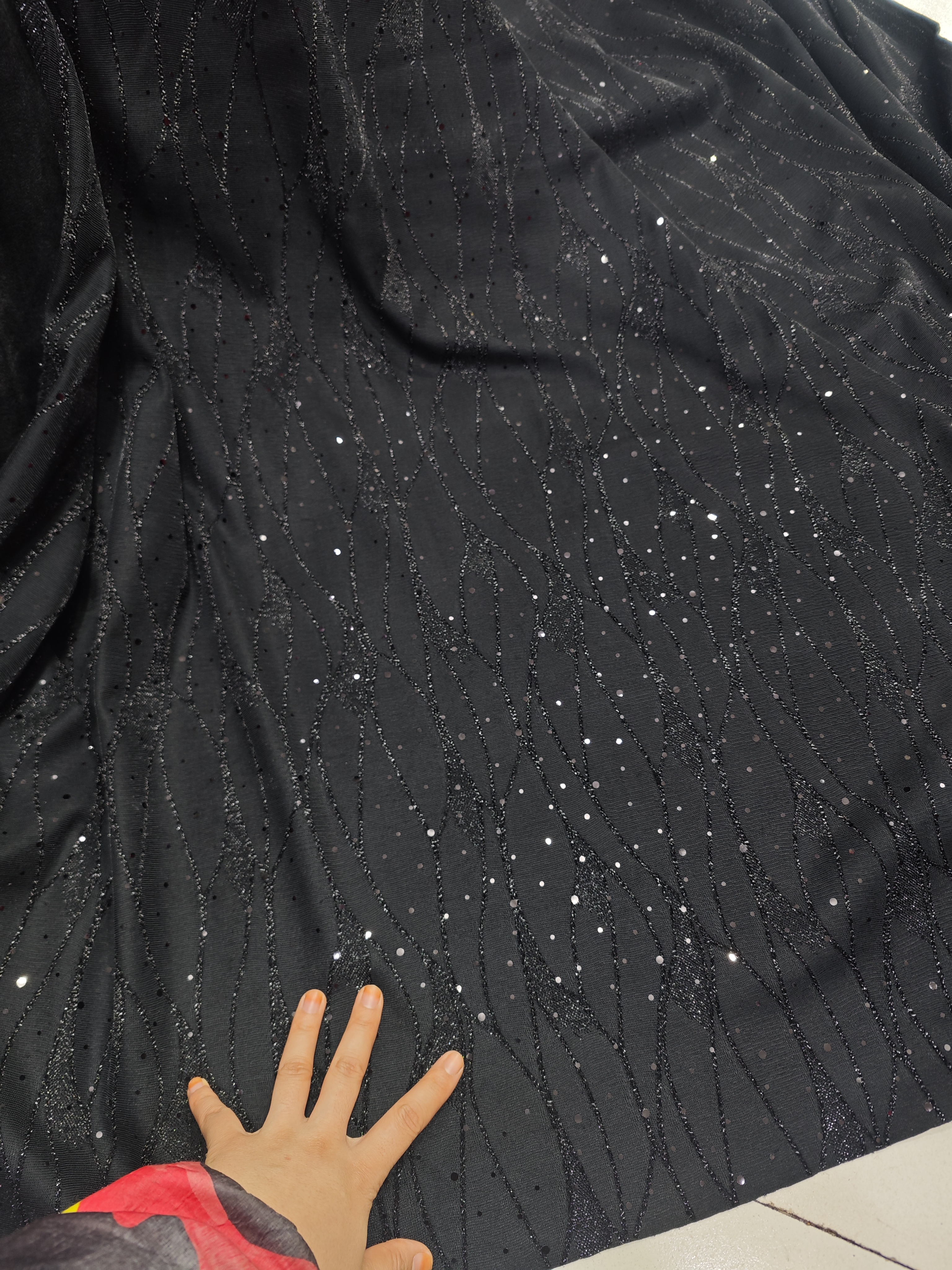 黑色加绒竖条玻璃纱亮片闪冬季布面料旗袍马甲手工裁剪衣服超柔绒