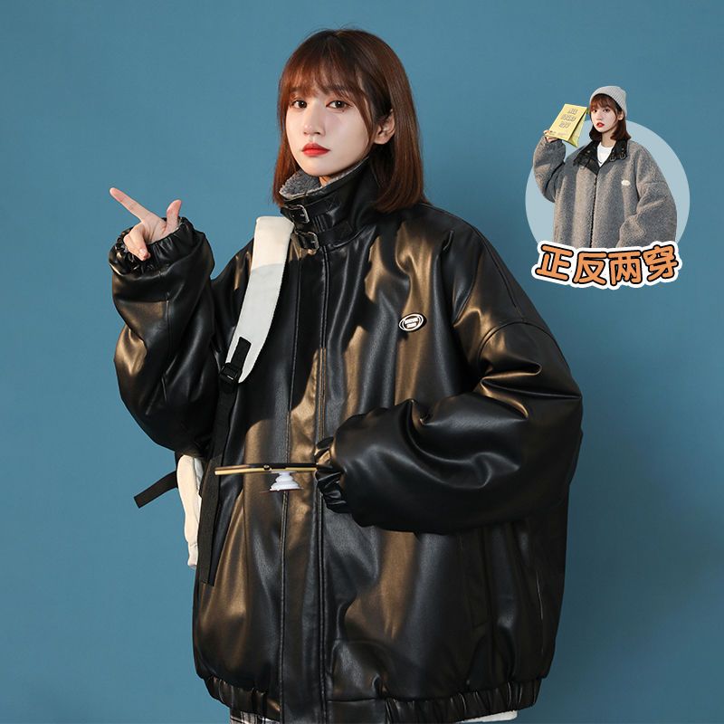 两面穿PU皮棉服加厚棉服女2021年冬季新款奶系情侣款小众棉衣外套