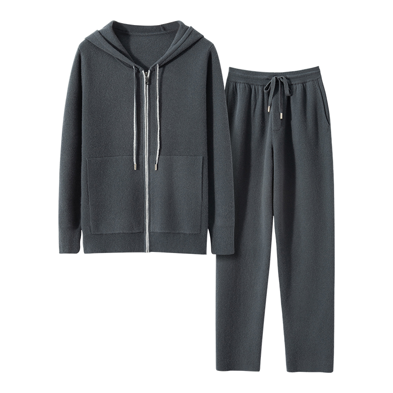纯山羊绒连帽男士套装直筒裤拉链开衫秋冬大码休闲运动款加厚长袖
