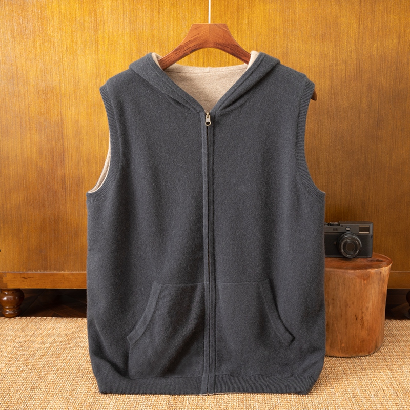 【双面可穿】男士纯山羊绒加厚连帽马甲拉链保暖背心针织坎肩48K