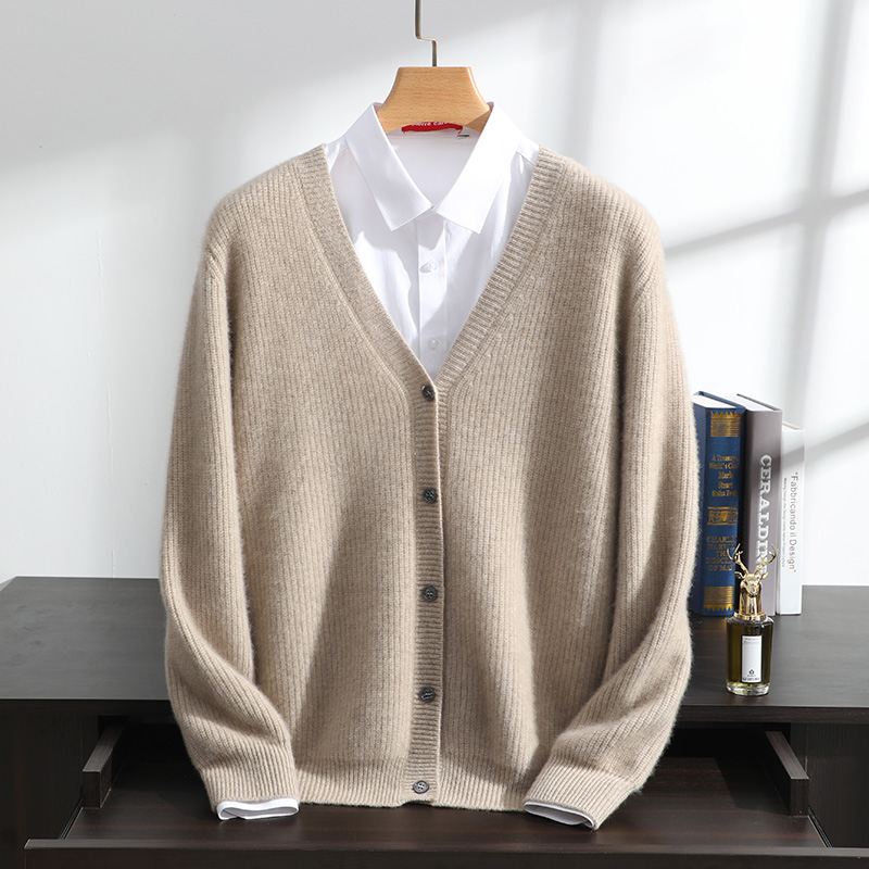 男士纯山羊绒V领开衫秋冬新款加厚长袖纽扣纯色针织外套