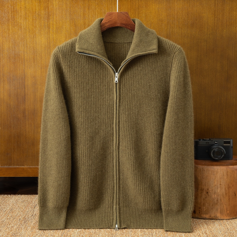 纯山羊绒翻领男士拉链加厚保暖开衫元宝针双拉链外套67K