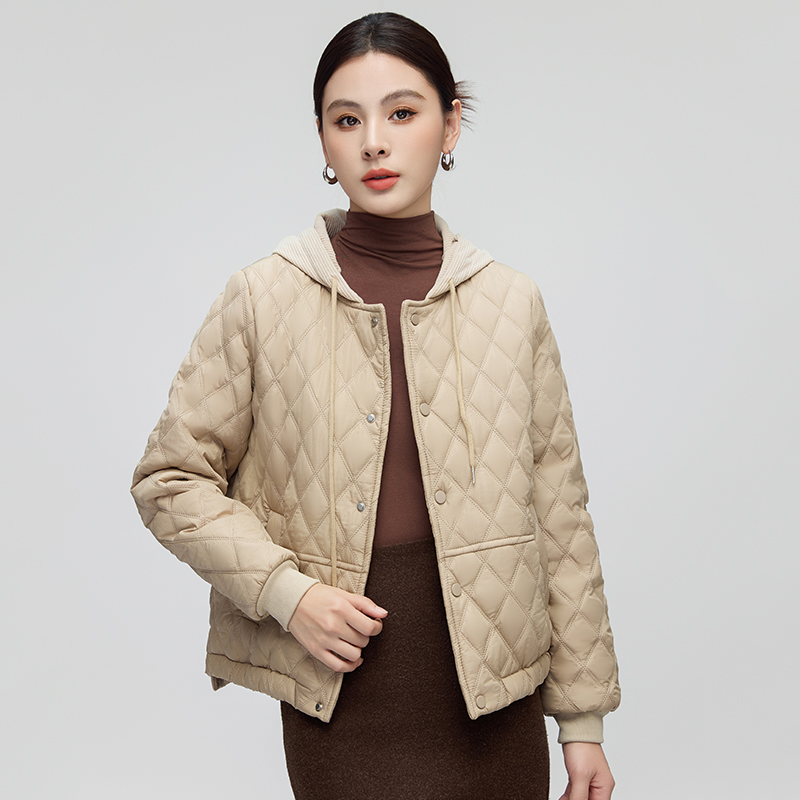 棉衣女短款外套女小个子轻薄棉袄秋冬新款连帽菱形格休闲外套
