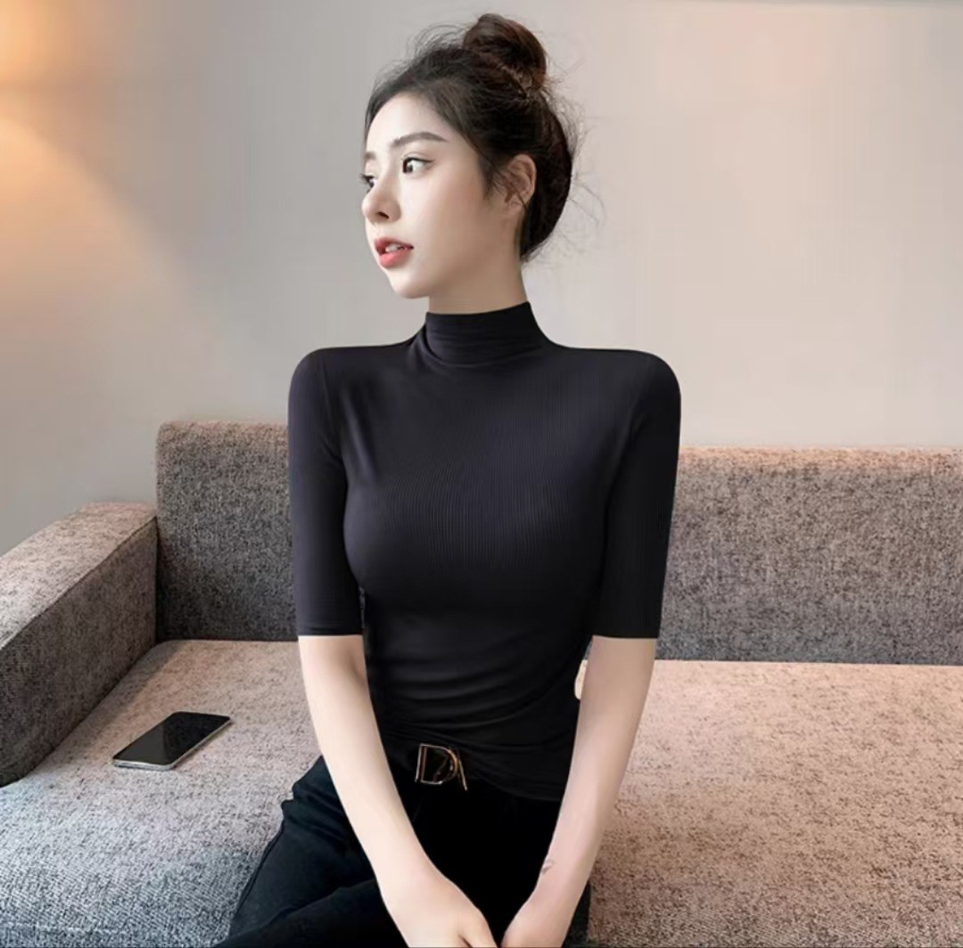 新款上衣女小立领T恤新款韩版修身半高领五分袖纯色上衣内搭ins