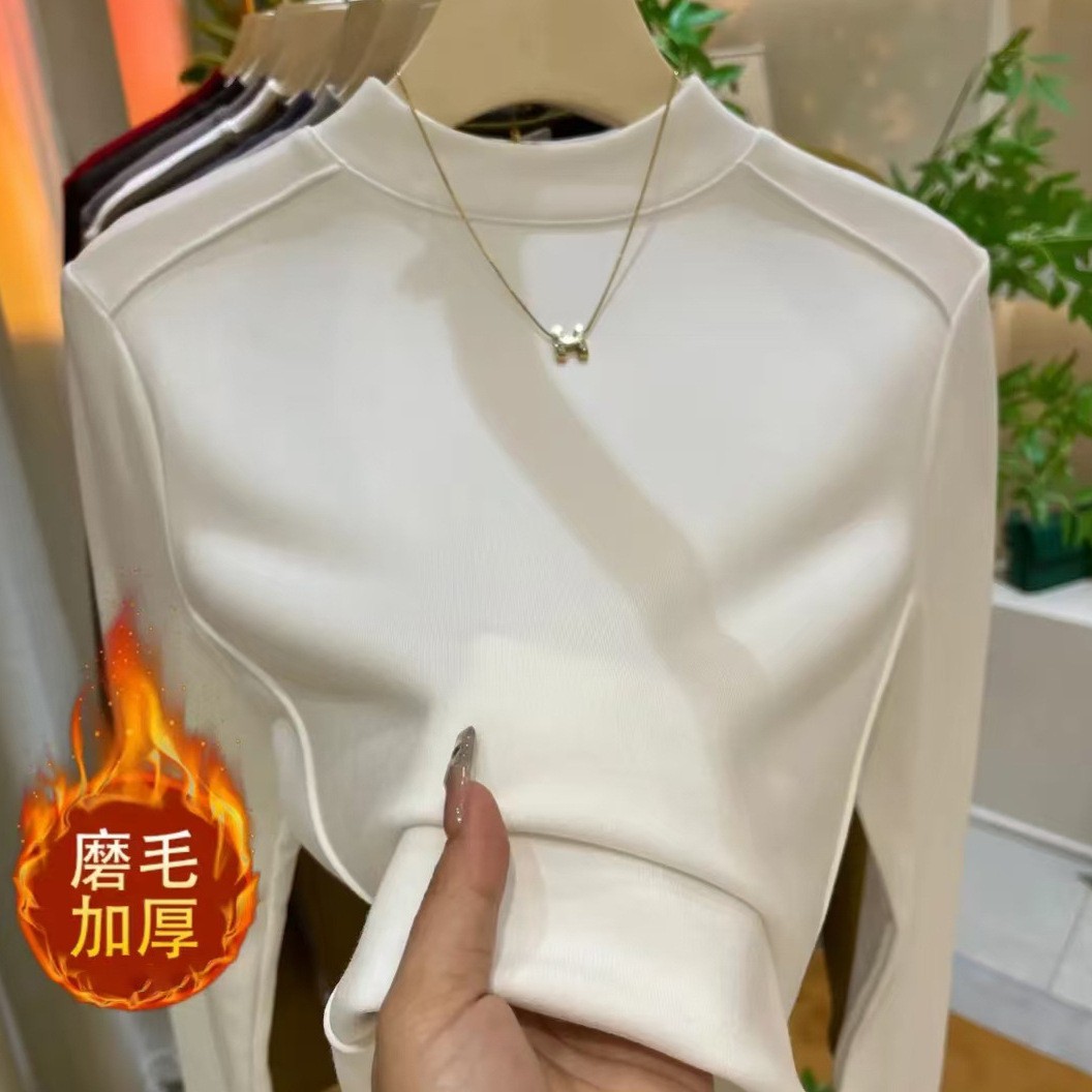 磨毛半高领打底衫女2025新款秋冬设计款鱼骨线内搭长袖T恤加绒上