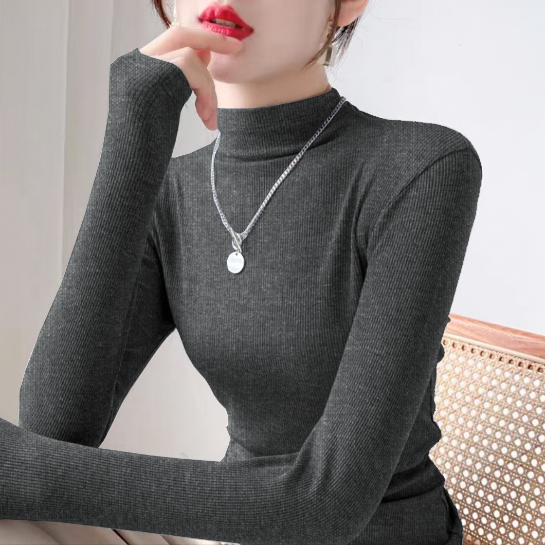 新款长袖t恤女秋冬半高领打底衫内搭修身螺纹针织上衣2025年