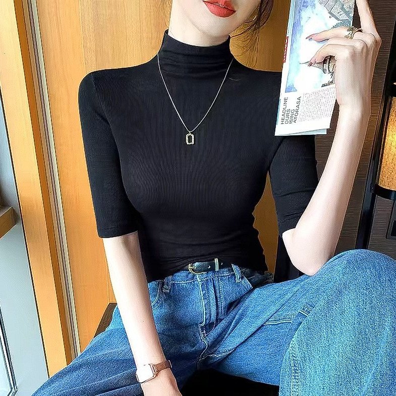 黑色中袖螺纹半高领T恤女 2025新款打底衫内搭春秋修身高级