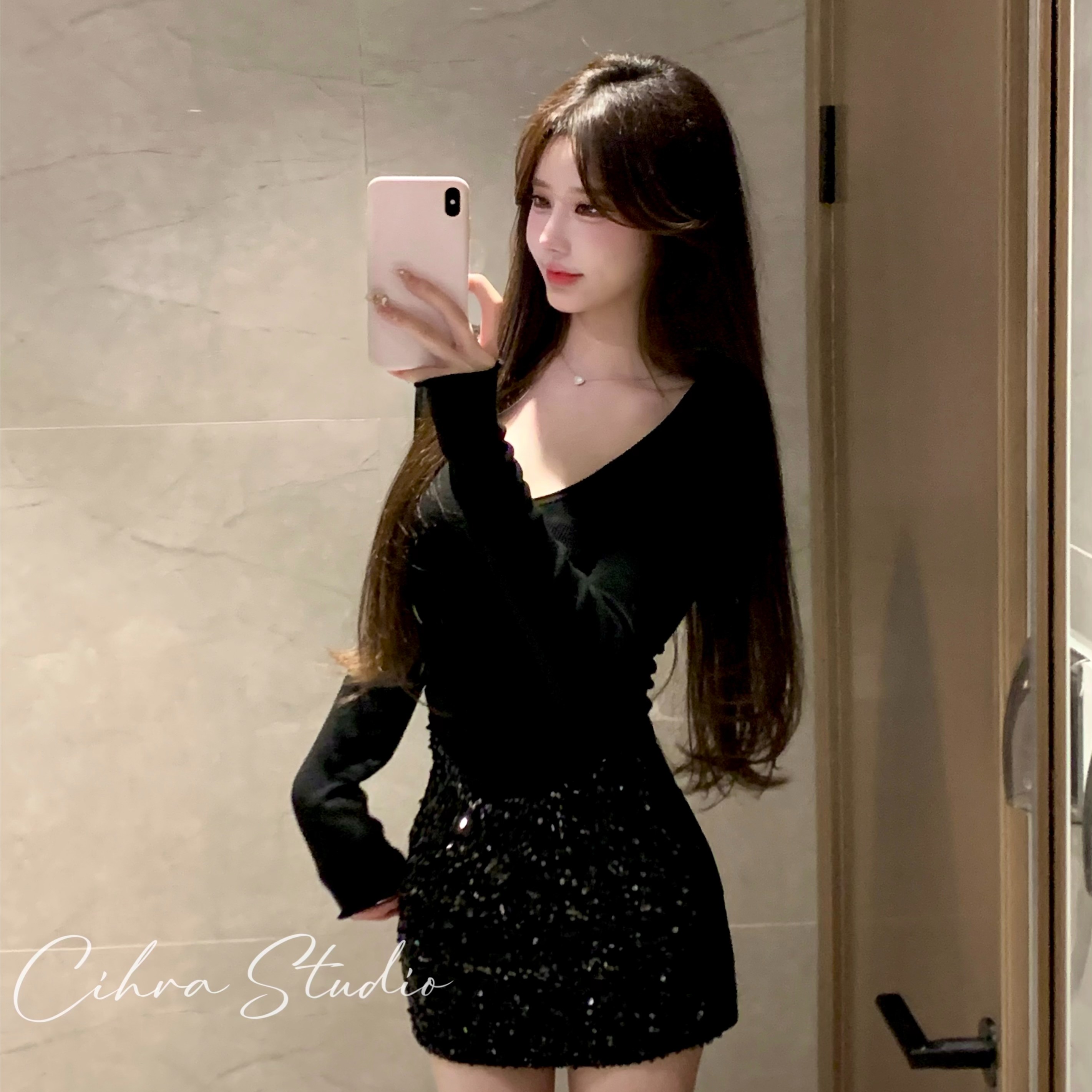 Cihra【金种小丝】 辣妹洋气亮片半身裙女秋冬季高腰显瘦包臀半裙