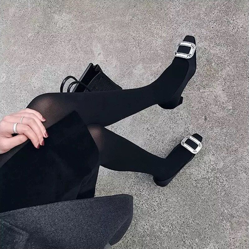 黑色绸缎职业高跟鞋不累脚单鞋方扣粗跟中跟瓢鞋子平跟高跟鞋女鞋