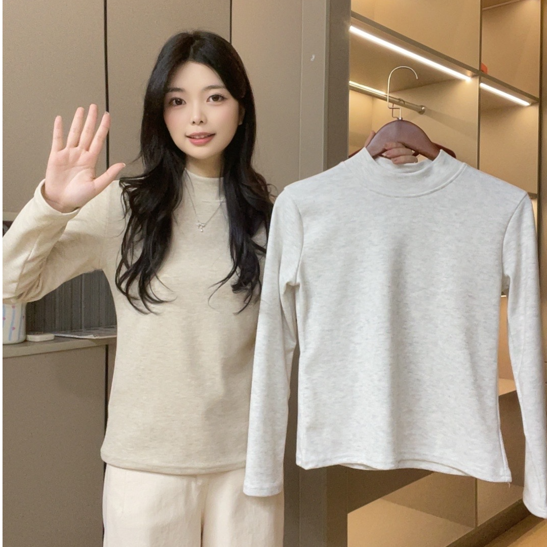 半高领长袖T恤女2025秋冬新款薄绒修身显瘦内搭打底上衣
