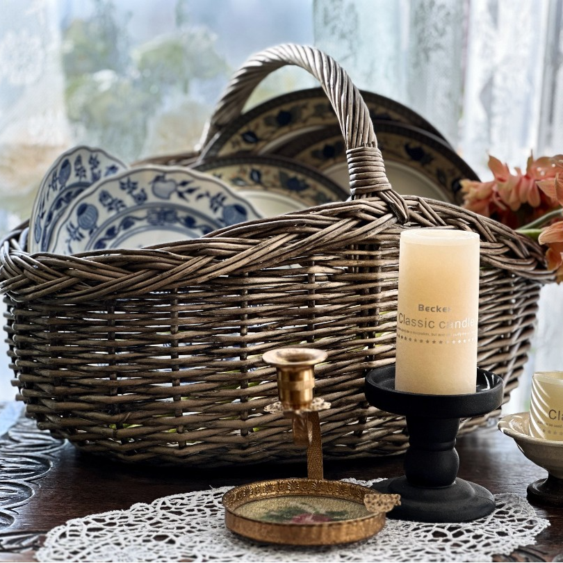 复古藤编装饰民宿家用美式客厅圆形手提篮储物柳编收纳筐北欧手工