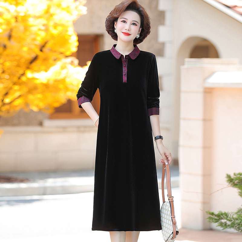 中老年春季新款丝绒妈妈装连衣裙时尚洋气显瘦遮肉大码中老年女装