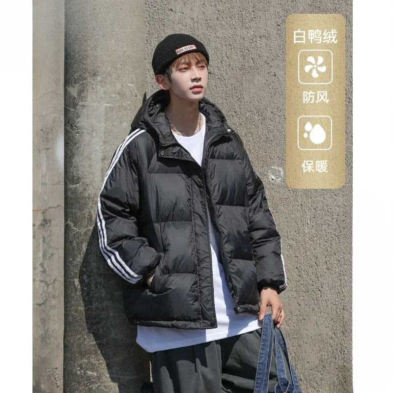 连帽羽绒服男冬季新款条纹加厚宽松短款羽绒衣青少年潮牌保暖外套