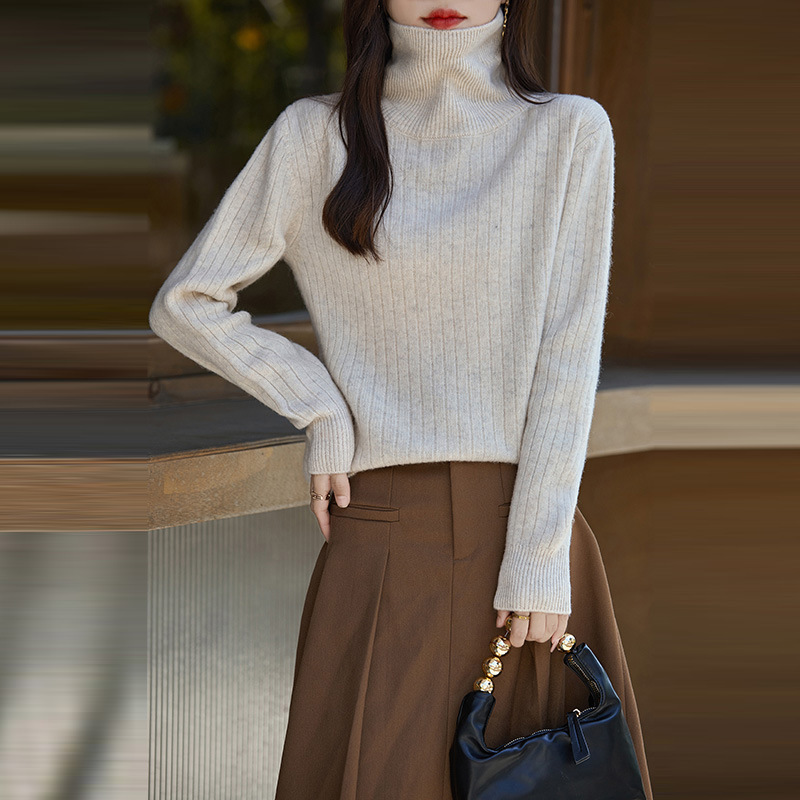 2024年秋冬季女士新款羊毛针织衫竖条高领套头百搭经典显瘦气质