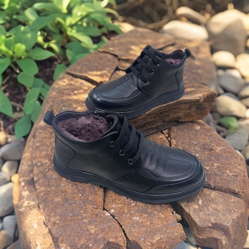 头层牛皮男士羊毛内里皮鞋保暖抗寒保暖爸爸鞋高帮棉鞋系带9-7607