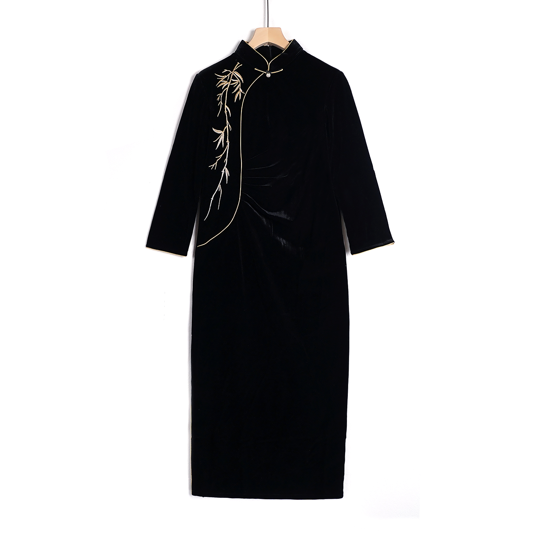 设计师黑色高级感显瘦改良丝绒斜襟春春秋宽松连衣裙 FS243010