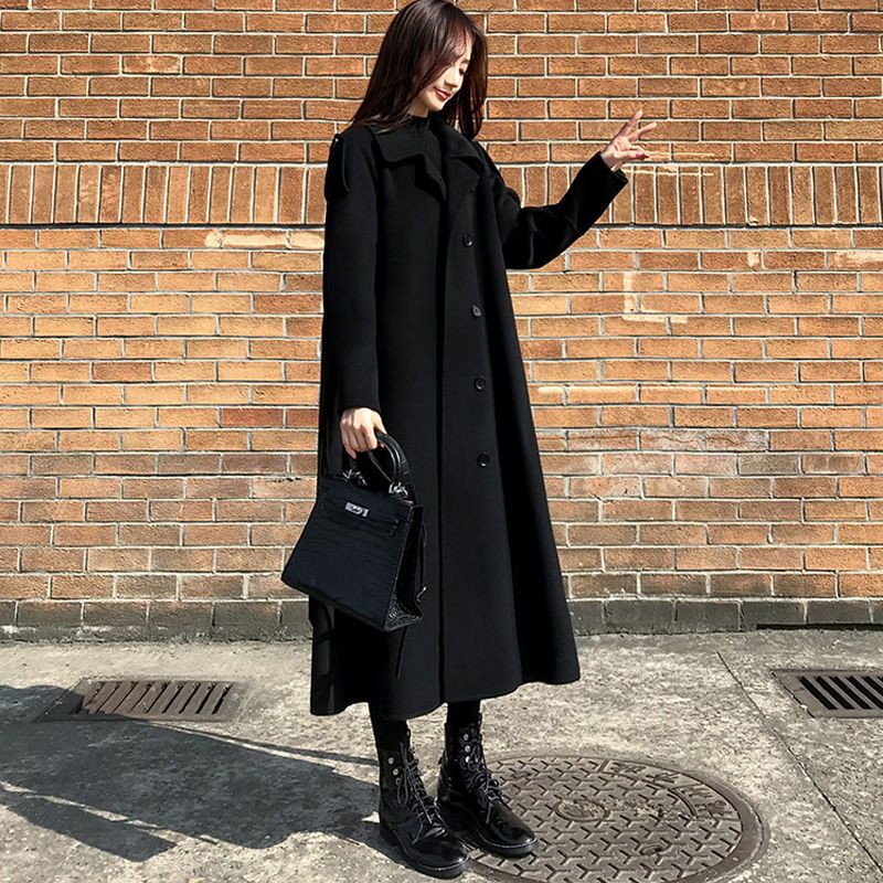 黑色大衣女中长款2023流行新款韩版胖mm宽松呢子加厚大码毛呢外套