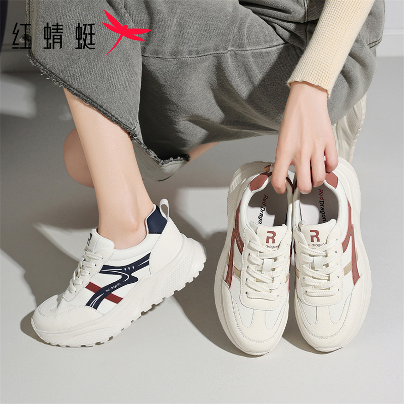 红蜻蜓春秋款女士舒适轻便简约百搭圆头厚底系带时尚运动休闲鞋
