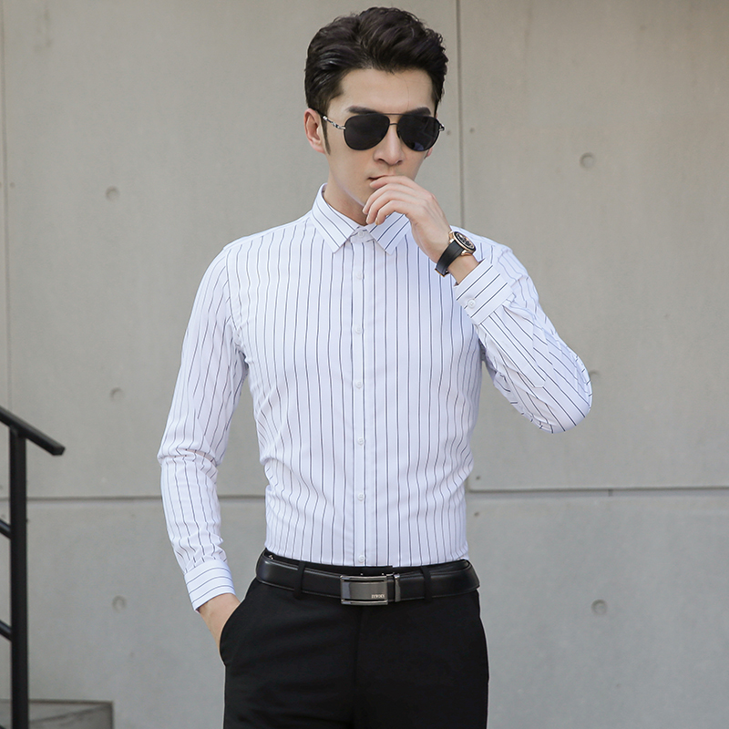 2025春秋新款条纹衬衫男士长袖韩版修身商务休闲百搭寸衫职业衬衣