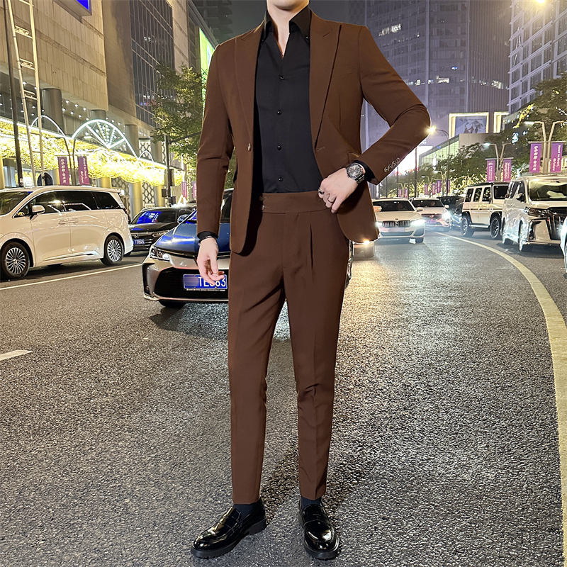 2024纯色西服套装男士婚礼礼服商务休闲轻熟风痞帅英伦西装两件套
