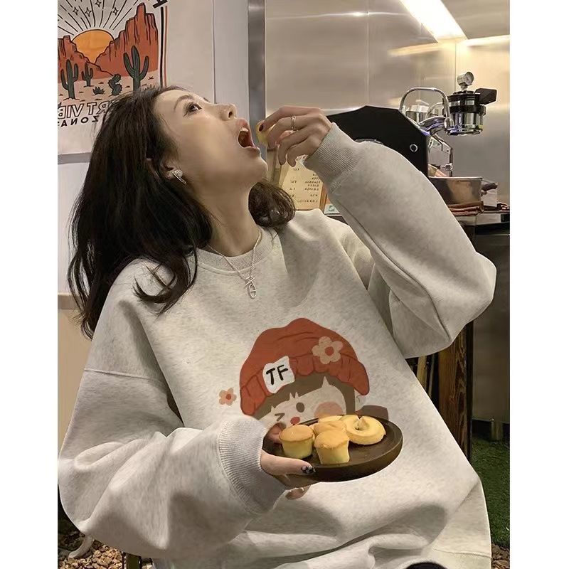 正肩加绒卫衣女春秋设计感小众灰色高级感超好看圆领上衣