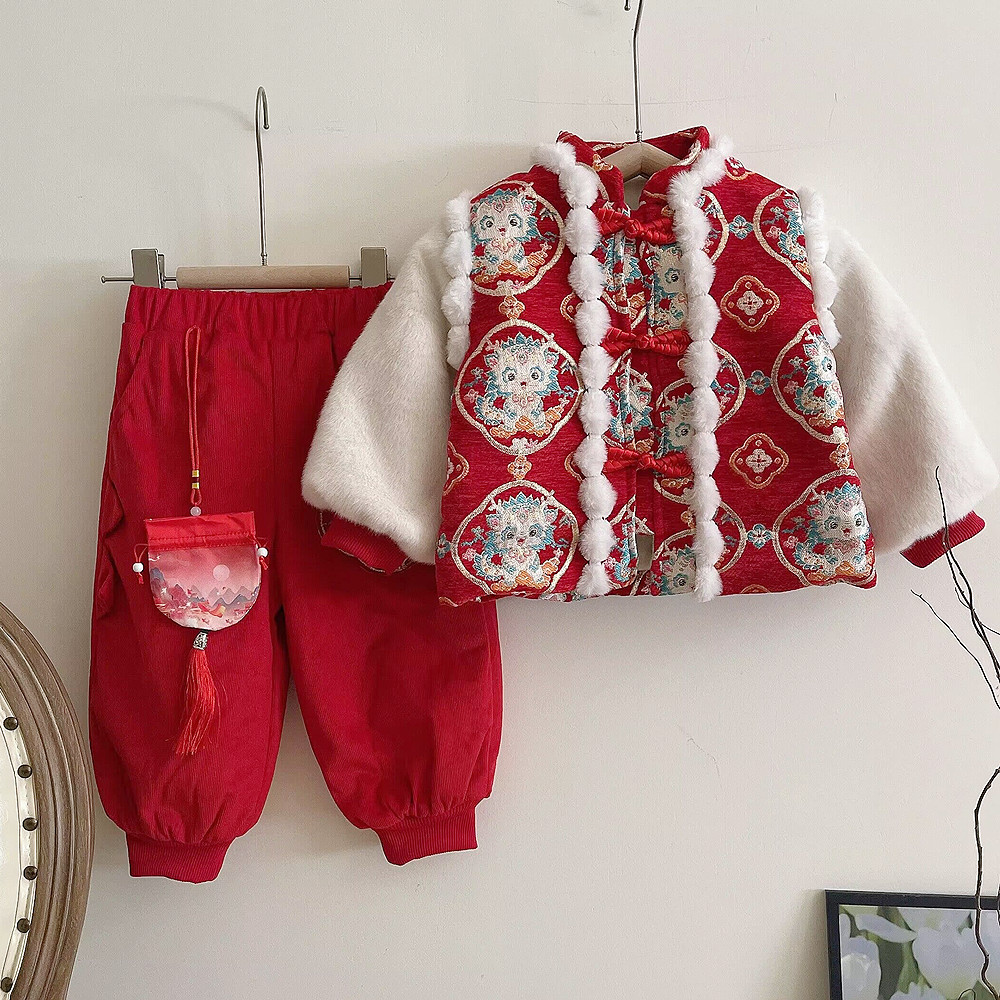 汉服冬装女童套装新款加厚加绒中国风唐装小女孩拜年服新年装