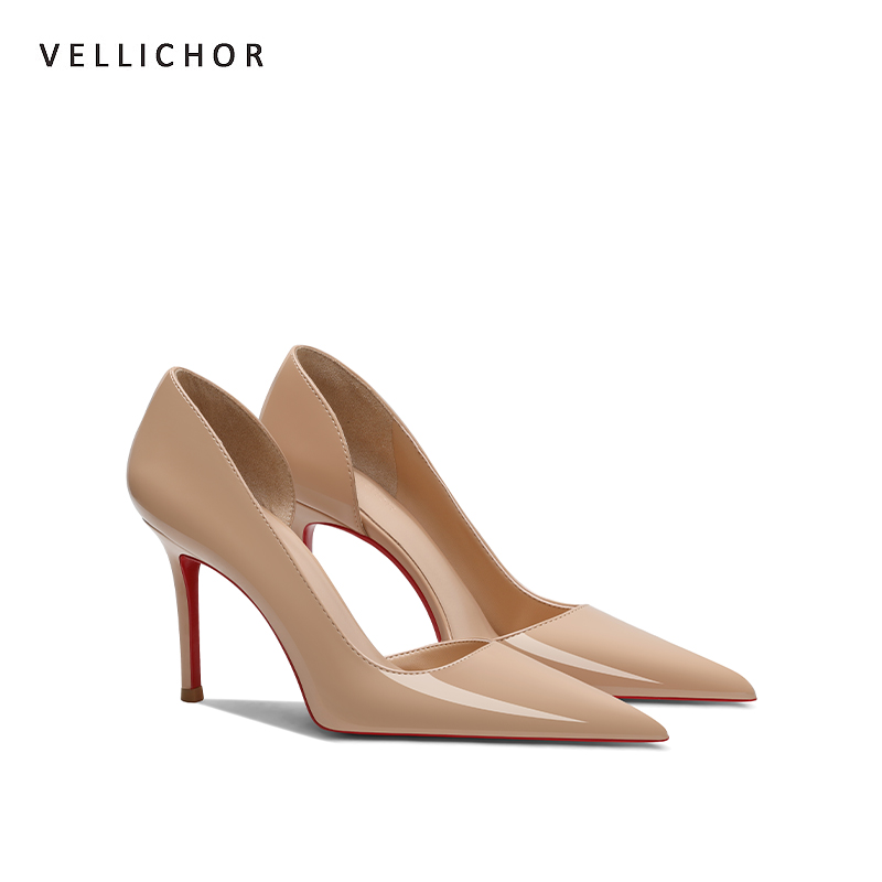 侧空红底裸色浅口高跟鞋尖头细跟百搭时尚性感气质黑色漆皮单鞋