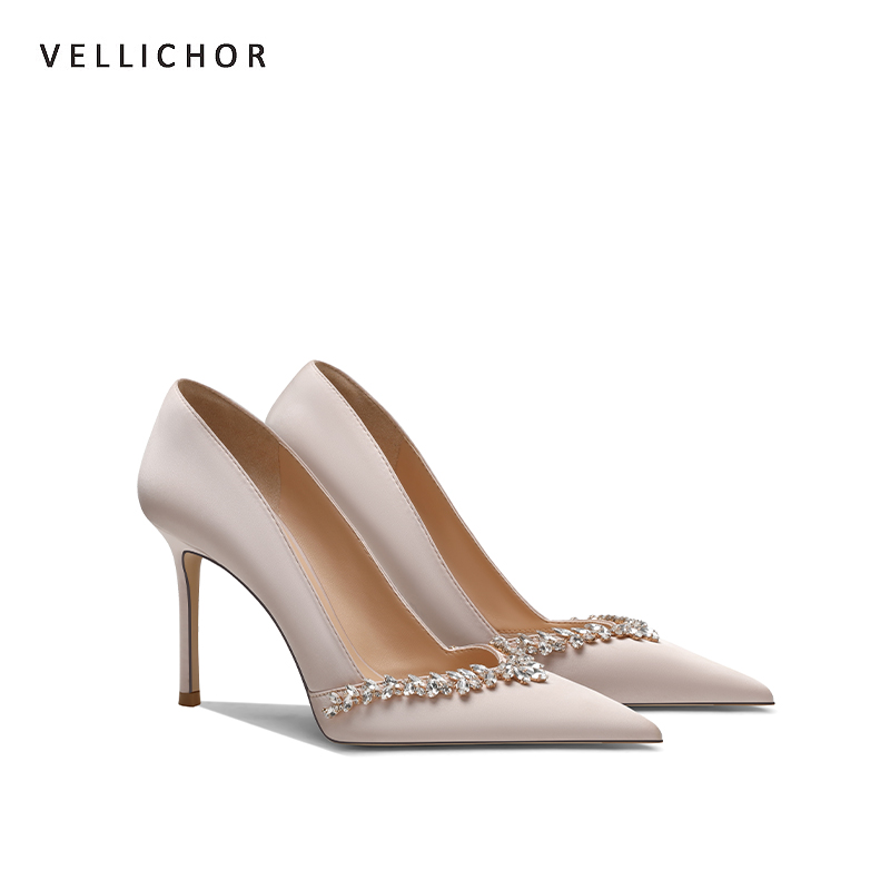 香槟色水钻高跟鞋尖头百搭通勤工作气质小众高级感轻奢细跟单鞋女